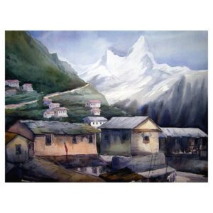 'Himalayan Mountain Peaks and Village' (Print)